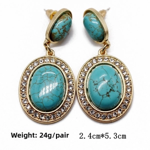 Detail of turquoise drop earrings with gold plating, rhinestones, 2.4cm by 5.3cm size