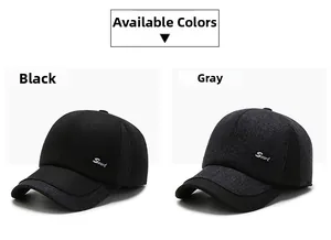 Detail of black and grey wool baseball caps for men with sport embroidery and ear protection