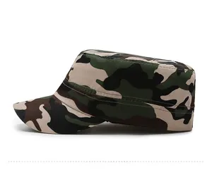 Side view of flat top camouflage military cap with durable canvas texture and jungle pattern