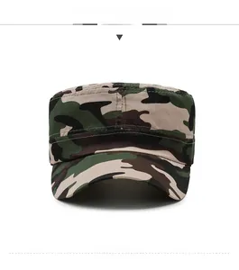 Front view of camouflage flat top military cap with wide brim for outdoor sun protection