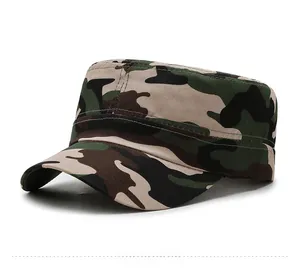 Detail view of camouflage flat top army hat in durable jungle twill cotton fabric