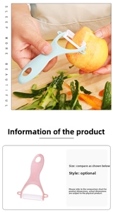 Close-up of Y-shaped ceramic vegetable peeler showing sharp blade and hanging hole