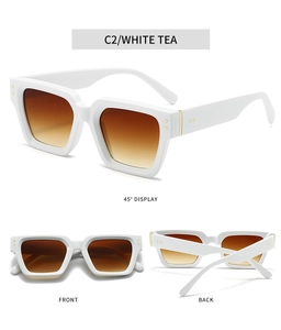 Detailed multi-angle views of white thick frame sunglasses with tea gradient lenses