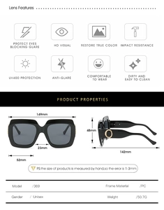 Diagramme technique des lunettes de soleil carrées mixtes avec UV400 et dimensions