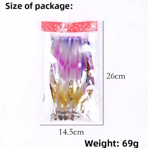 Close-up of colorful foil fringe curtain in packaging with 1x2m size dimensions