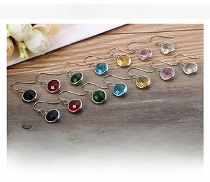 Detail view of colorful stainless steel crystal earrings with material and weight specs