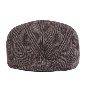 Back view of classic brown herringbone flat cap in premium wool blend fabric