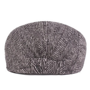 Classic dark grey herringbone newsboy flat cap for men with high-quality fabric texture