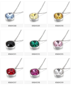 Detailed grid showing nine multi-color cushion-cut crystal necklaces with silver chains
