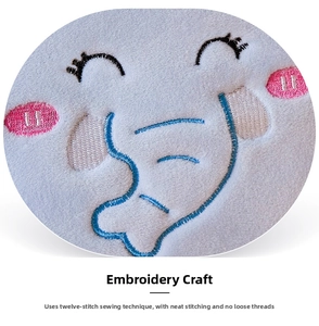Close-up of high-quality embroidery detail on soft blue plush cartoon crossbody bag