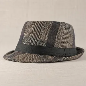 Classic British style brown plaid wool fedora hat with black grosgrain ribbon for winter