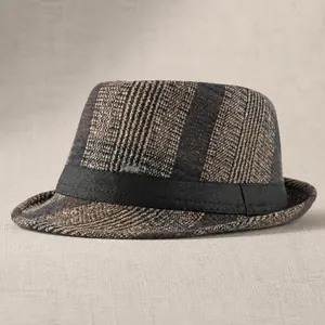 Cappello fedora classico in lana a quadri marroni con nastro in gros-grain nero invernale