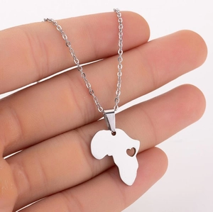 Polished stainless steel Africa map pendant necklace with heart cutout detail