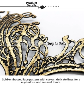 Detailed close-up showing the intricate gold stamping on black embroidery lace fabric