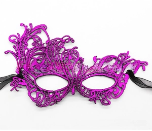 Detail of rose purple lace party mask featuring intricate floral patterns and ribbon ties