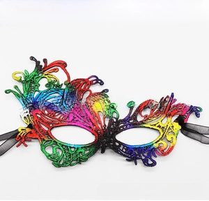 Close-up of rainbow gradient lace party mask with glitter finish and satin ribbon