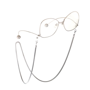 Silver snake chain glasses strap with minimalist metallic frame on white background
