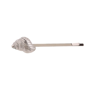 Detail view of a silver alloy hair clip featuring a delicate 3D seashell ornament