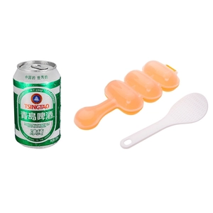 DIY sushi ball maker set with orange three-piece mold and non-stick rice paddle scoop