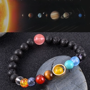 Détail du bracelet système solaire huit planètes avec perles de lave et pierres naturelles