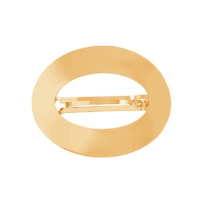 Detailed view of the golden oval metal barrette featuring a polished spring clip mechanism