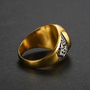 Men's gold and silver Freemason ring with engraved compass logo and brushed finish