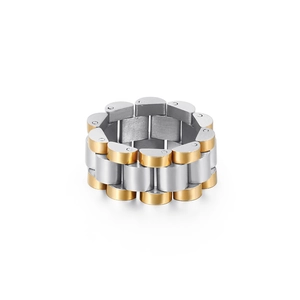 Bague bicolore en acier inoxydable argent et or avec design de bracelet de montre