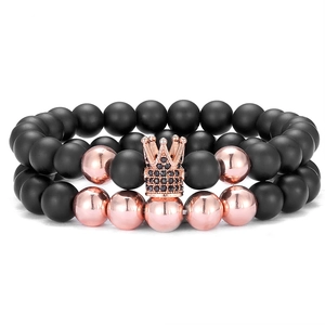 Matte black agate bead bracelets with rose gold crown charm and zircon inlay set