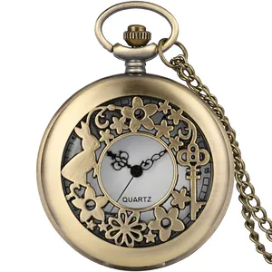 Classic bronze quartz pocket watch with Alice in Wonderland hollow card pattern design