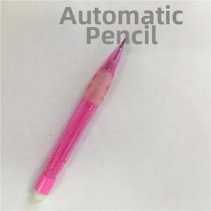Detail of pink transparent mechanical pencil with non-slip grip and built-in eraser cap