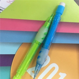 Detail of mini 0.7mm mechanical pencils with transparent glitter body and ergonomic grip