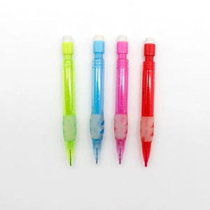 Detailed view of four mini mechanical pencils in green blue pink and red with glitter finish