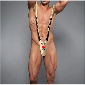 Detail of men's Christmas reindeer thong with bell accents for festive holiday parties