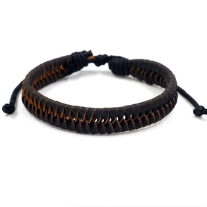 Handmade woven dark brown leather cord bracelet with adjustable knot for men