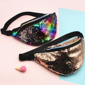 Rainbow and champagne mermaid sequin fanny packs with adjustable black straps