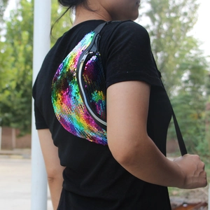 Rainbow mermaid sequin fanny pack for women with adjustable strap and metal zipper