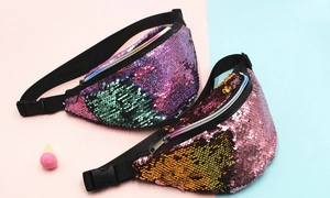 Detail of reversible sequin waist bags showing purple and gold flip color textures