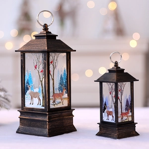 Vintage bronze Christmas lanterns with reindeer scenes and festive warm bokeh lighting