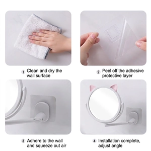 Wall-mounted cat ear makeup mirror with 360 rotation and folding arm in white and pink