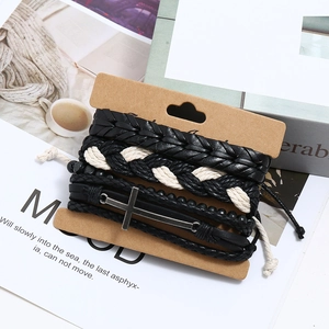 Men's retro multi-layer braided leather bracelet set with wooden beads and a cross charm