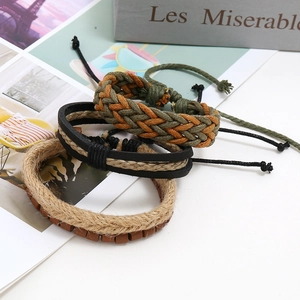Three-piece retro woven leather and hemp rope bracelet set with beads for men and women