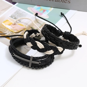 Men's retro multi-layer braided leather bracelet set with wooden beads and cross charm