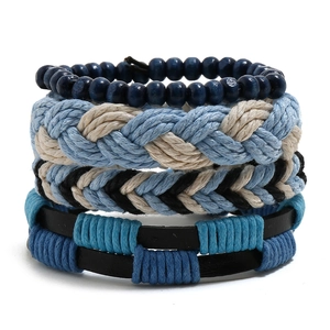 Handmade Leather Hemp Rope Woven Bracelet Set With Wood Beads Multilayer Punk Retro Wristband Jewelry For Men Women