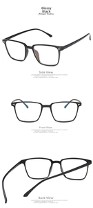 Detailed views of shiny black square glasses frame showing front and side metal accents