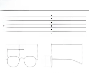 Detailed technical diagram showing dimensions and measurements of square eyeglass frames