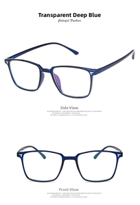 Detailed views of transparent dark blue square eyewear frames with silver arrow accents