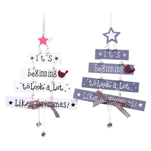 Wooden Christmas tree door hangers with bells and festive bow in white and blue-grey