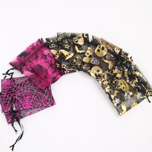 Halloween organza gift bags 9x12cm with gold foil spider web and pumpkin patterns