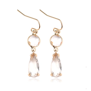 Detail of drop crystal earrings with gold plated copper borders and teardrop pendants