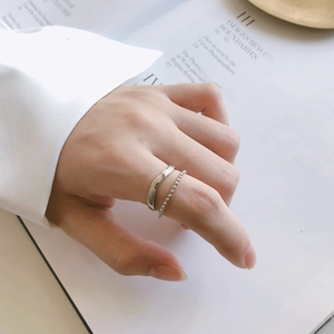 Minimalist double layer S925 sterling silver ring with smooth band and beaded chain link